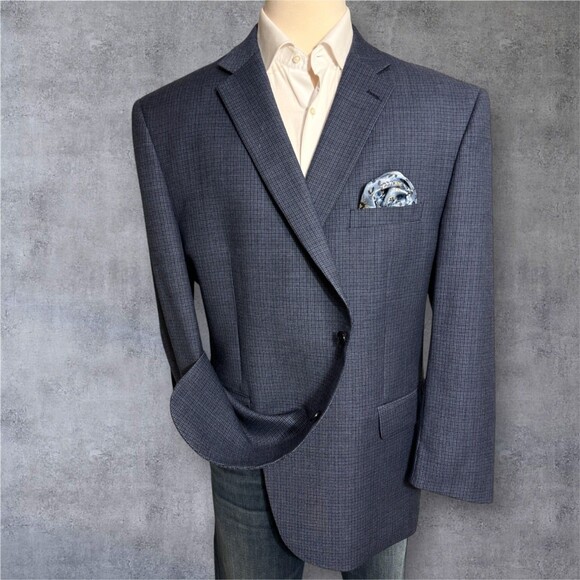JOS A BANK Mens 52R Navy/Blue Plaid Wool Blazer Sport Coat Two Button Jacket - Picture 2 of 13
